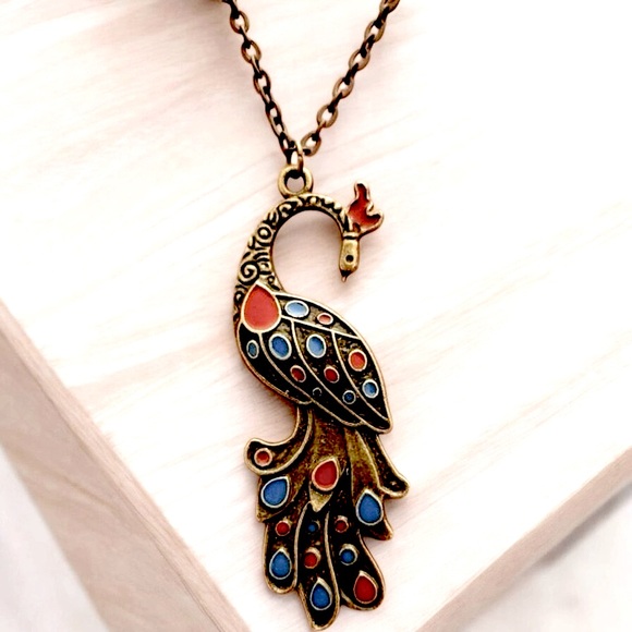 Peacock Bronze Alloy, Red, & Blue Necklace With Lobster Clasp - Picture 2 of 4
